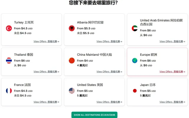 海外旅行数据流量eSIM卡/实体卡